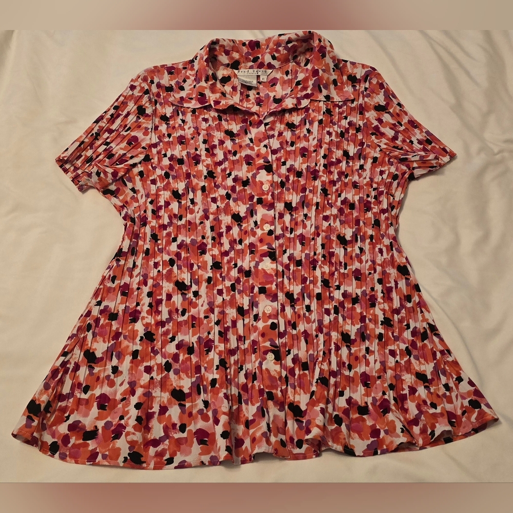 Fred David Stretch Ladies XL Vintage Blouse Multicolor Short Sleeve Button Down